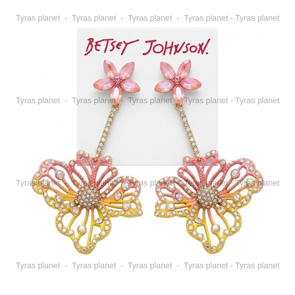 Betsey‎ Johnson Gold Tone Pink & Yellow Enamel Double Flower Drop Earrings
